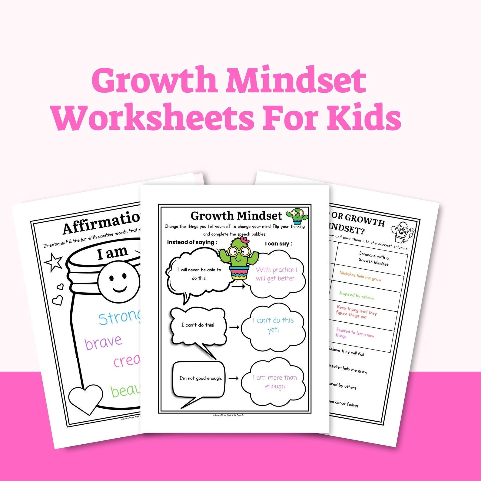 PRINTABLE Growth Mindset Worksheets For Kids Growth Mindset VS Fixed 