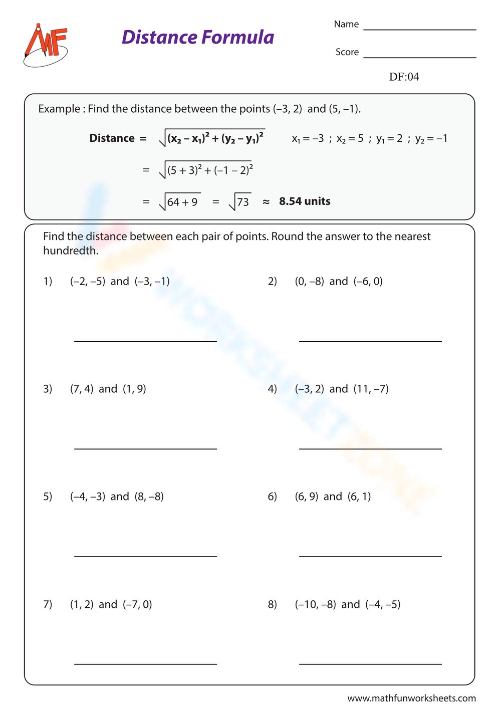 Printable Math Worksheets Midpoint And Distance Formula