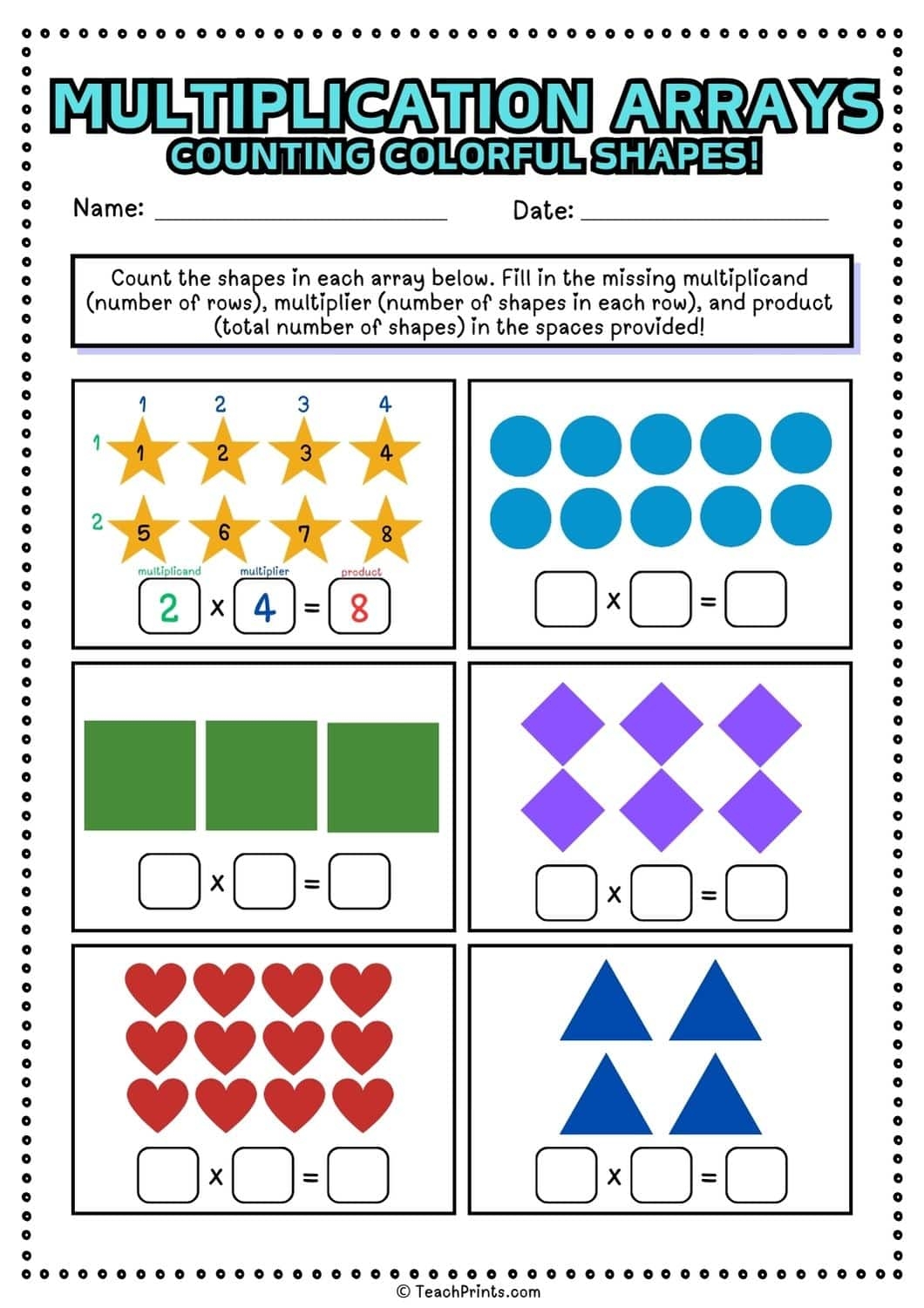 Printable Multiplication Array Multiply Using Arrays Worksheets