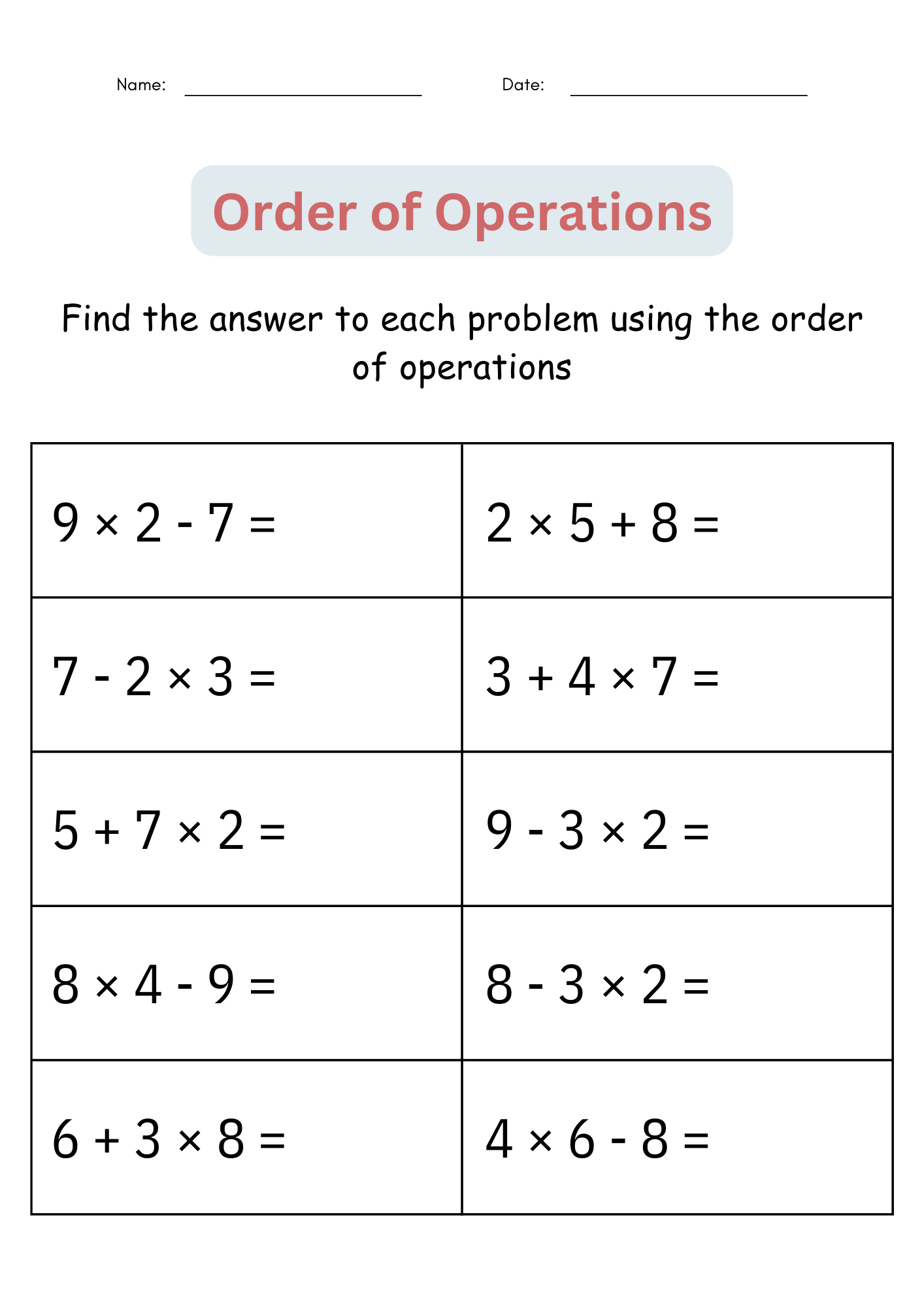 Printable Order Of Operations Worksheet