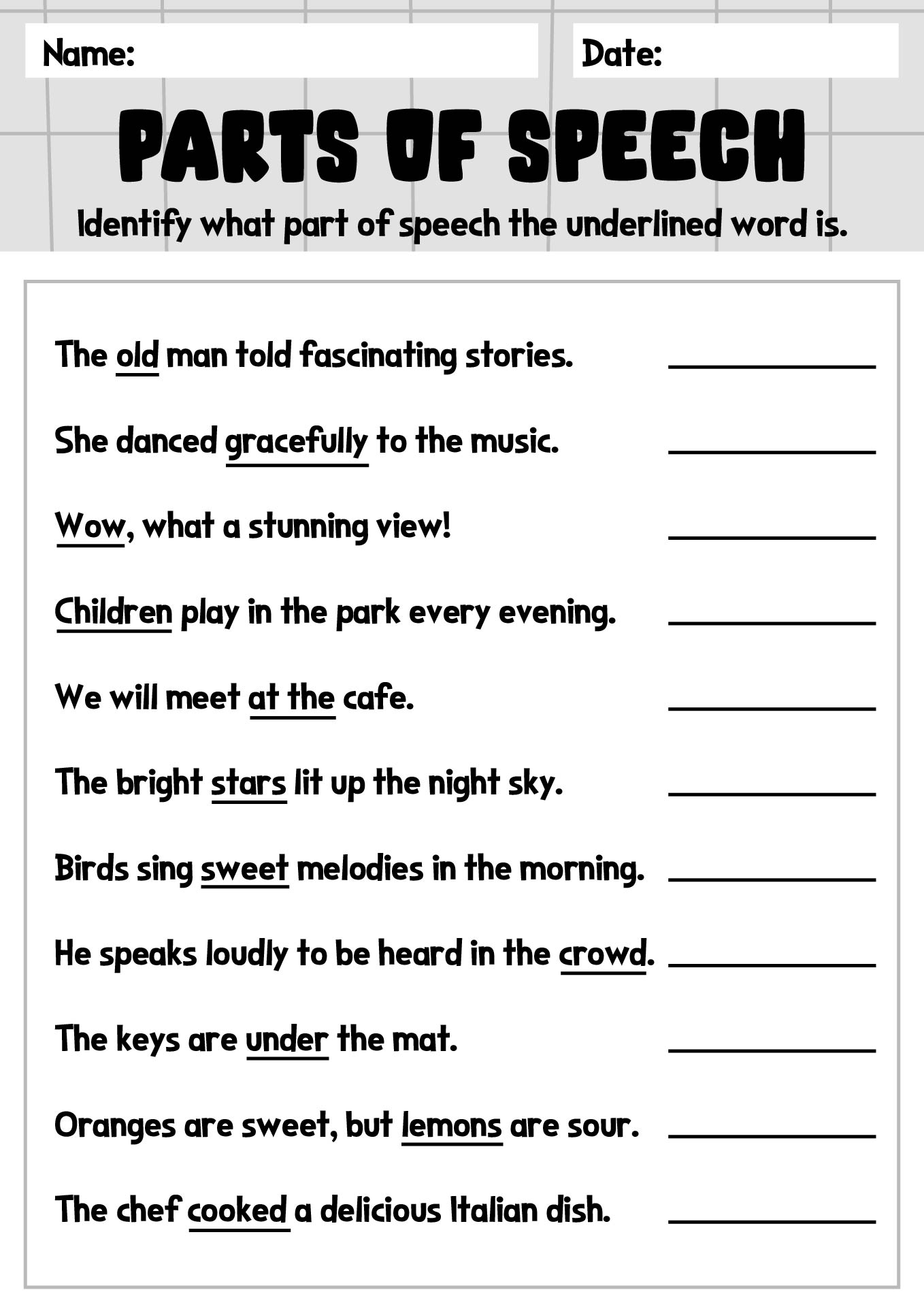 Printable Parts Of Speech Worksheets