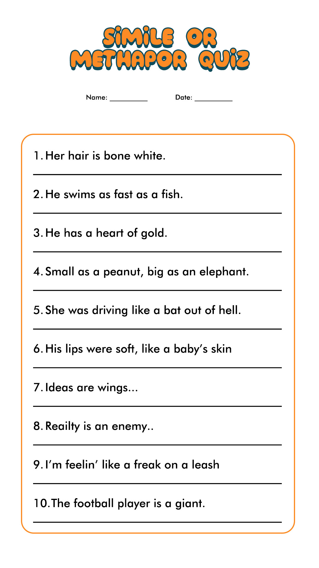 Printable Simile And Metaphor Worksheets Preschool Coloring 