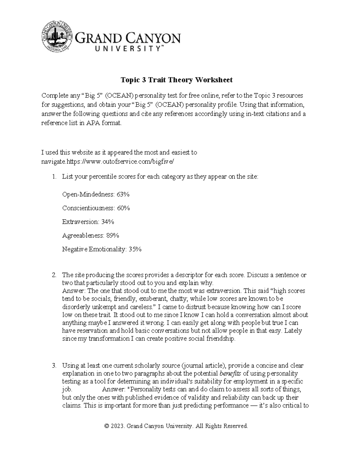 PSY 255 T3 Trait Theory Worksheet And Big 5 Personality Analysis Studocu