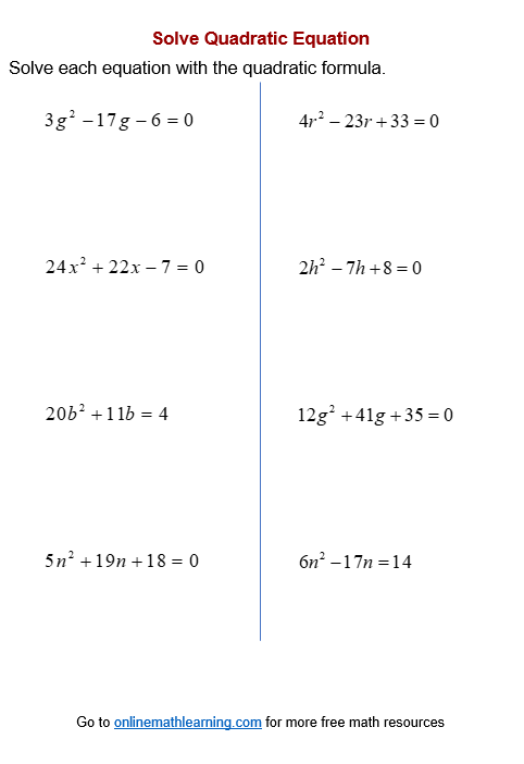 Quadratic Equation Worksheet Pdf