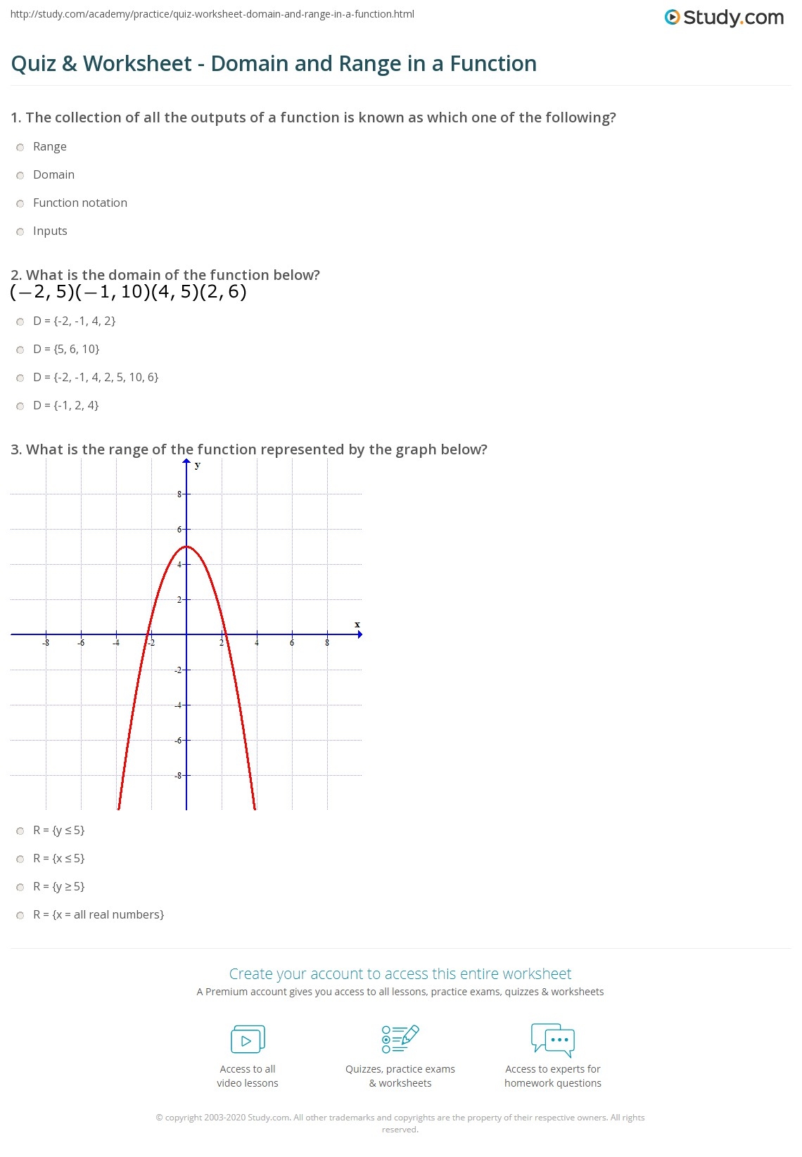 Quiz Worksheet Domain And Range In A Function Study Quiz Worksheet Domain And Range In A Function Study