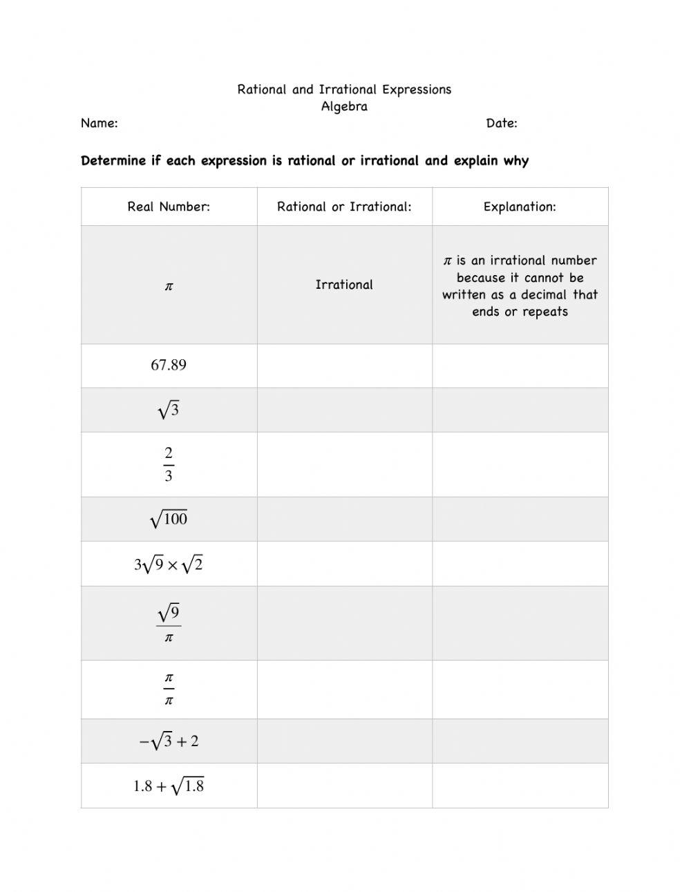 rational and irrational numbers worksheet rational and irrational numbers worksheet