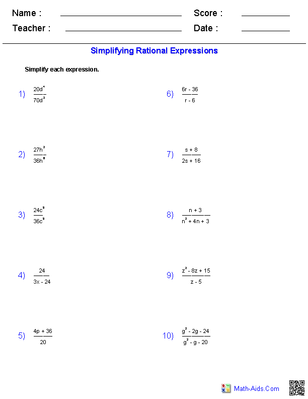 Rational Expressions Worksheets Multiplying And Dividing Free