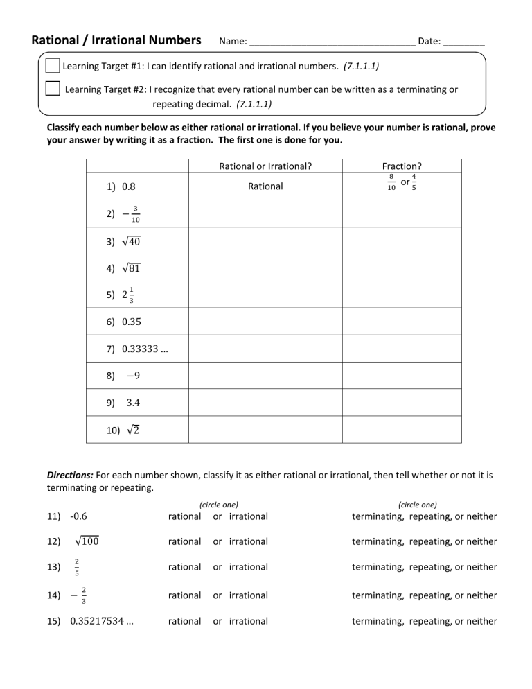Rational Irrational Numbers Worksheet Rational Irrational Numbers Worksheet