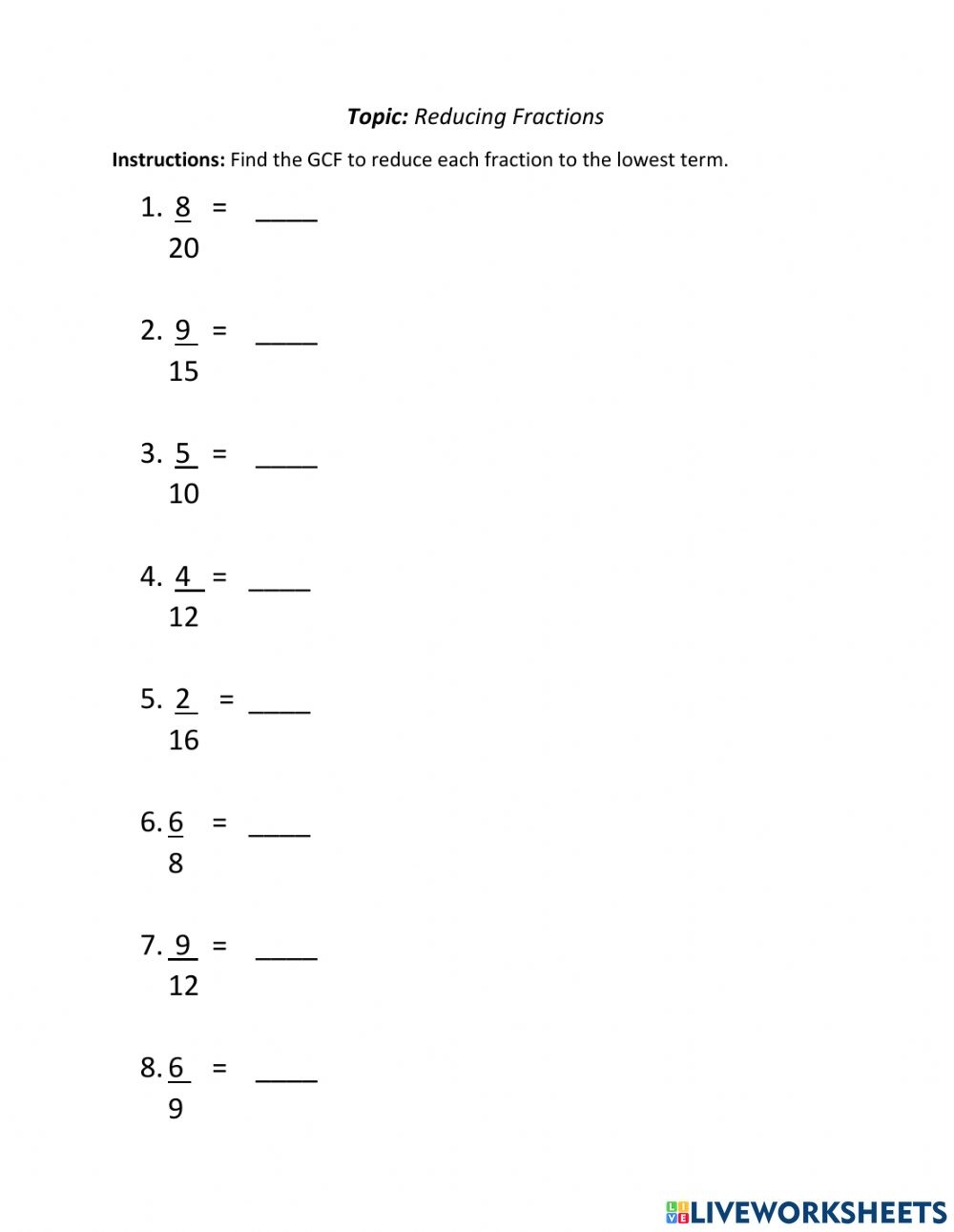 reducing fractions worksheet reducing fractions worksheet