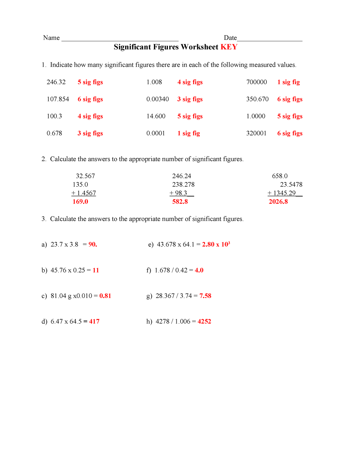 Sig Fg Wrksht KEY Answer Key For Practice Significant Figures Sig Fg Wrksht KEY Answer Key For Practice Significant Figures
