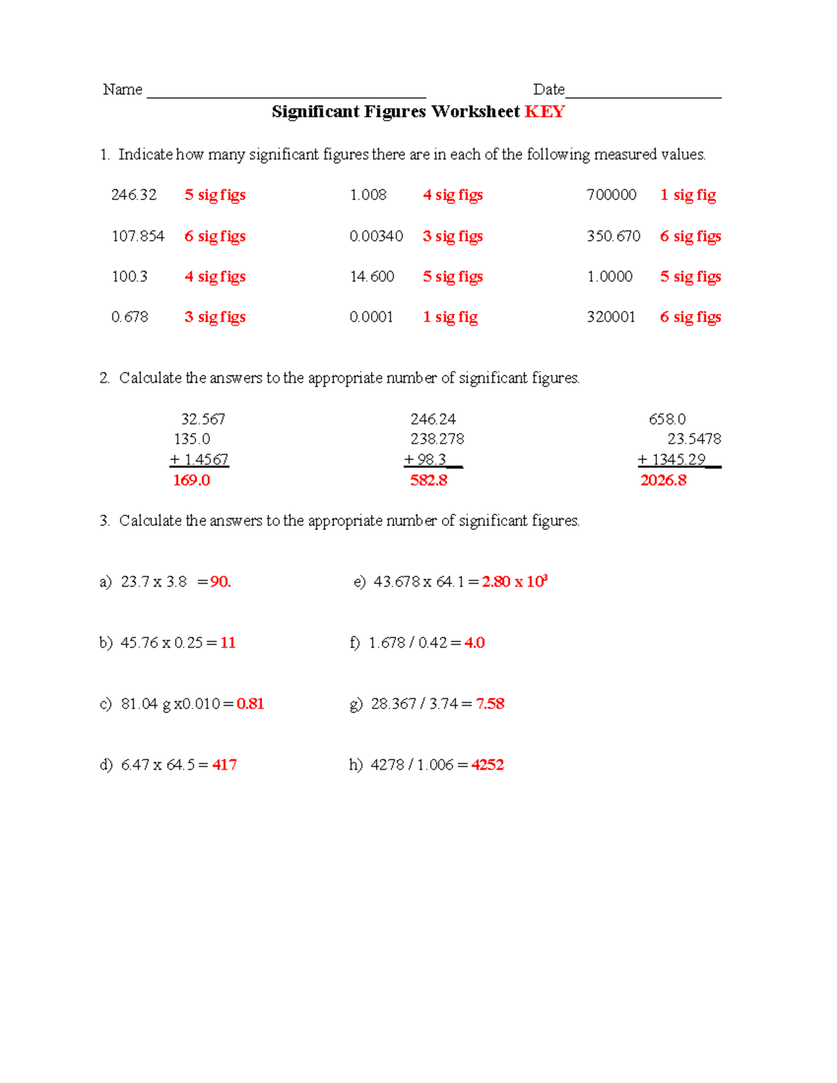 sig fig worksheet