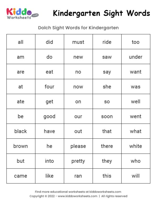 Sight Word Worksheets For Kindergarten Printable Word Searches