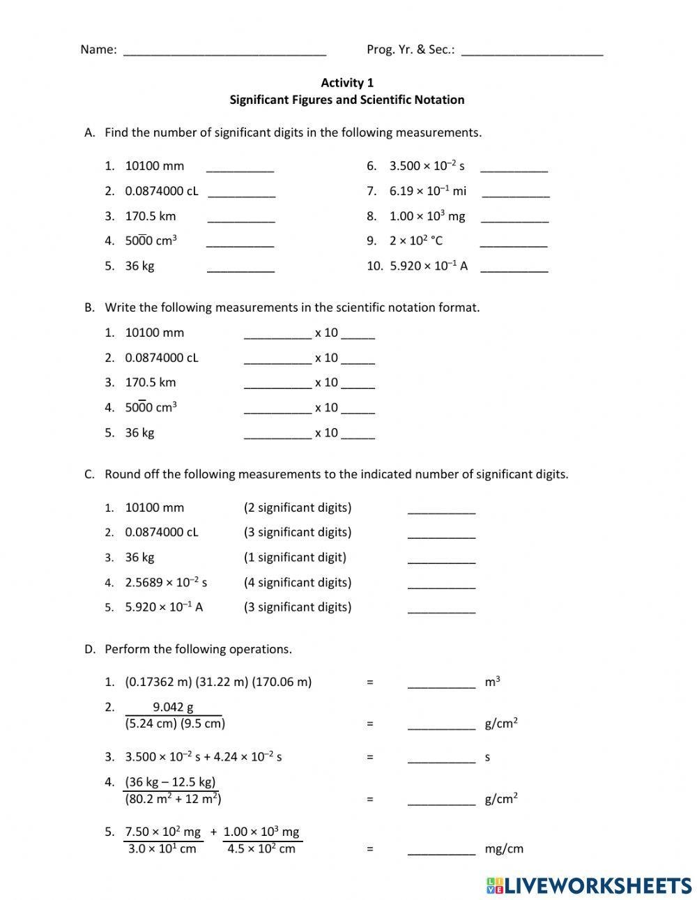 Significant Figure And Scientific Notation Worksheet With Answers 