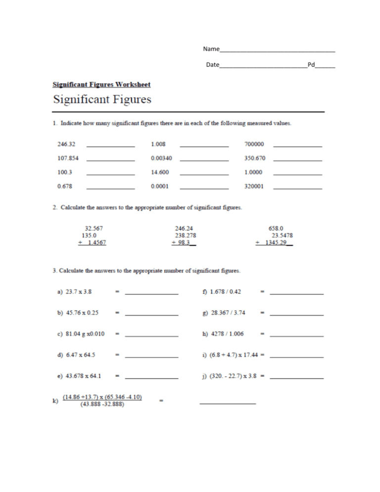 significant figures worksheet
