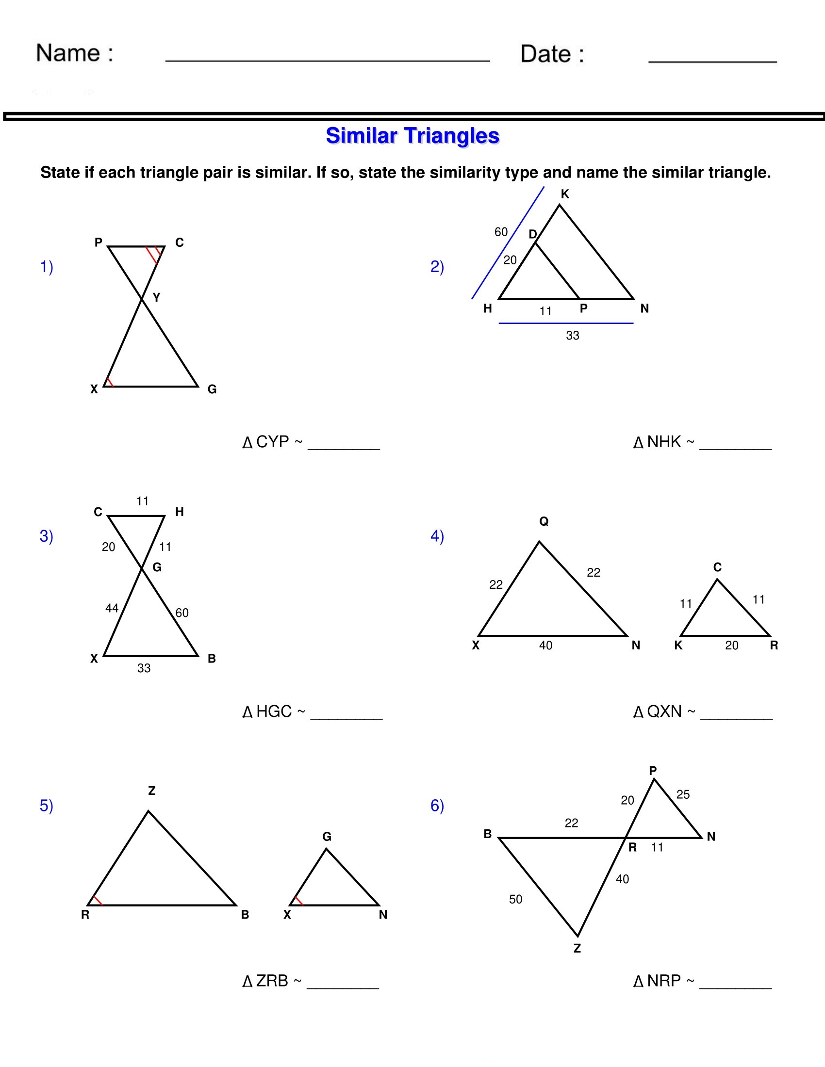 Similar Triangles Worksheets state The Similarity Type Similarity