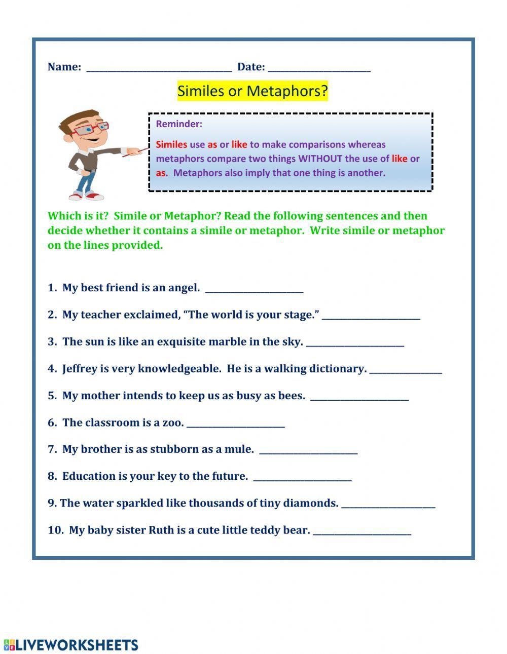 similes and metaphors worksheets