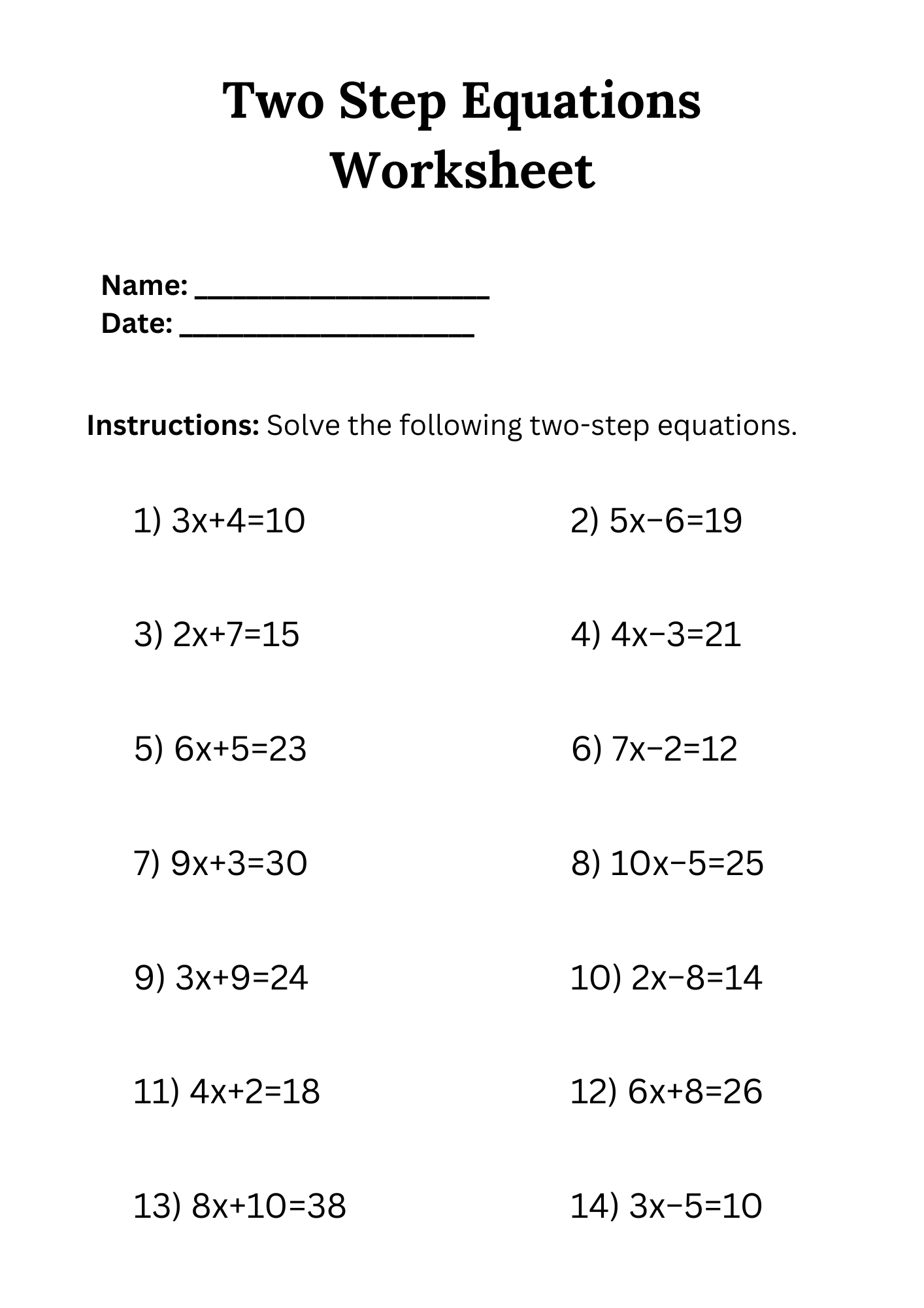 Simple Two Step Equations Worksheet Pdf