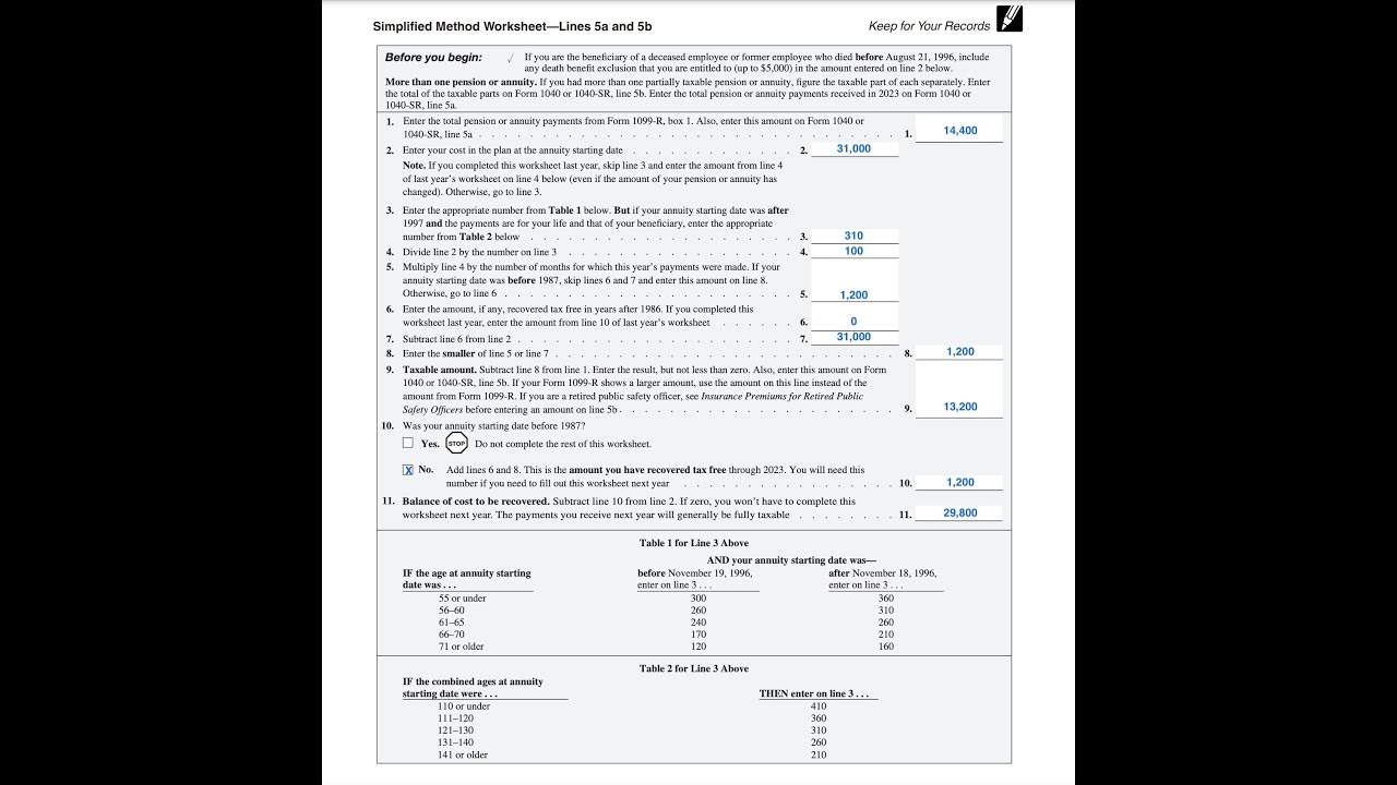 Simplified Method Worksheet Walkthrough IRS Form 1040 Lines 5a 5b Simplified Method Worksheet Walkthrough IRS Form 1040 Lines 5a 5b