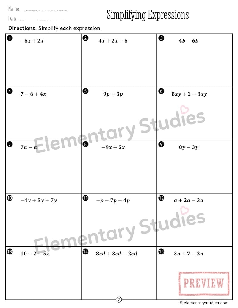 Simplify Expressions Worksheet Simplifying Algebraic Expression
