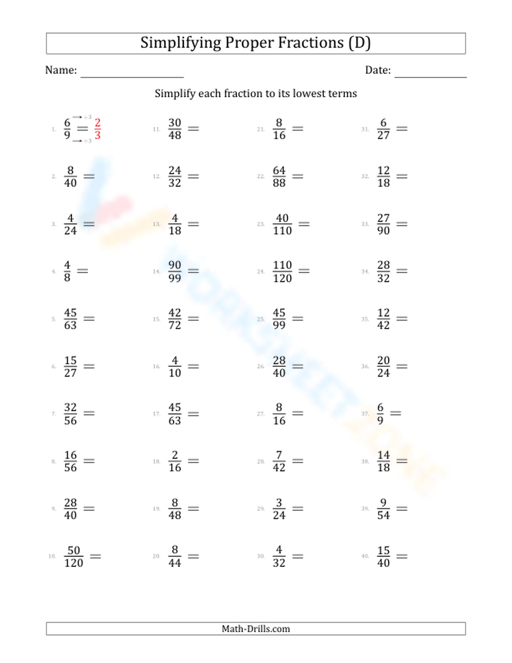 simplification of fractions worksheet simplification of fractions worksheet