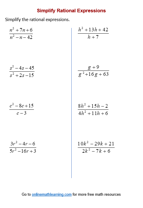 Simplify Rational Expressions Worksheets printable Online 
