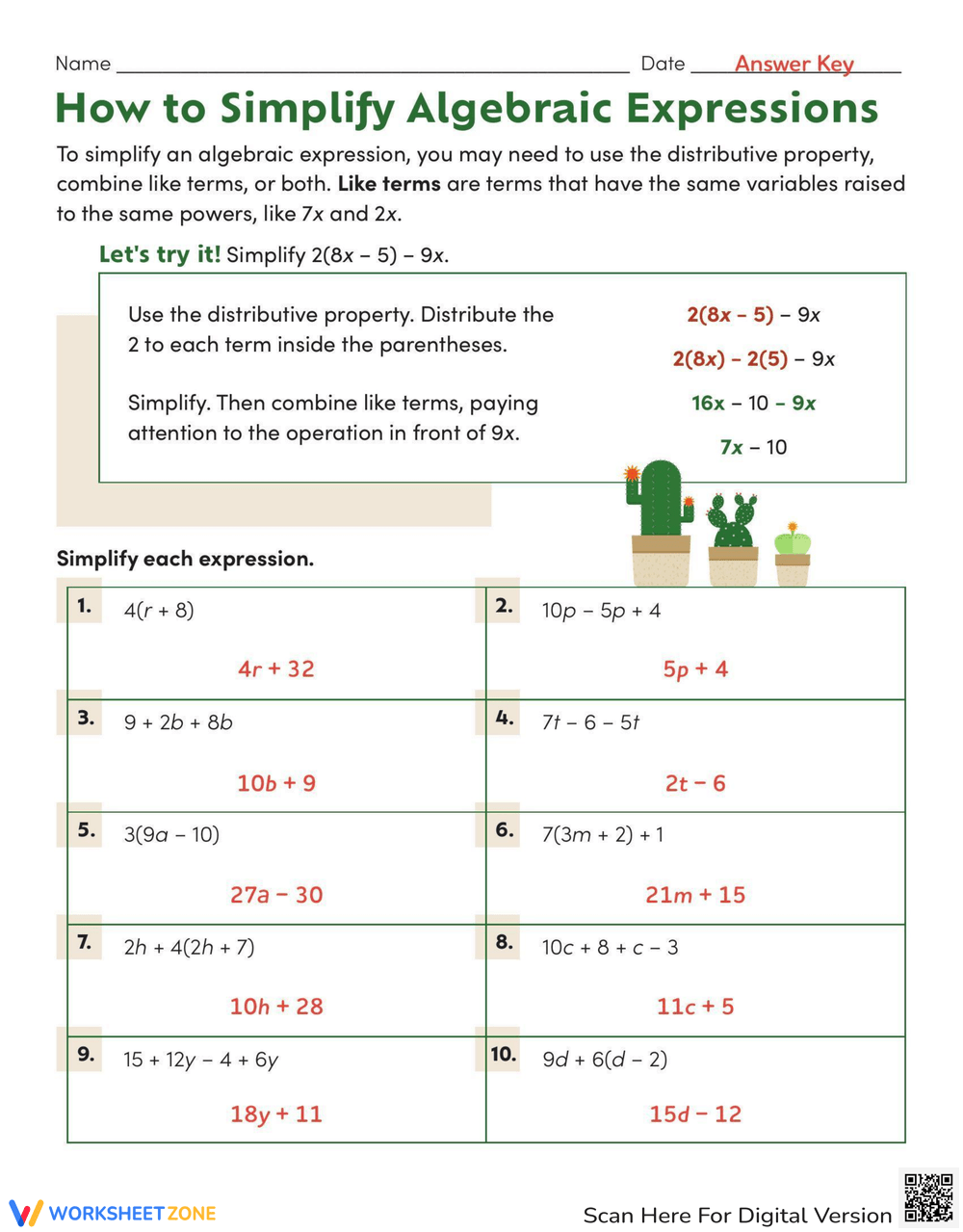 Simplifying Algebraic Expressions Worksheet