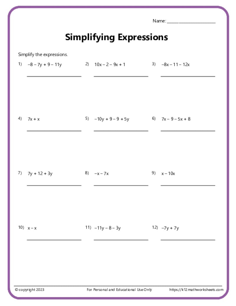simplifying expressions worksheet