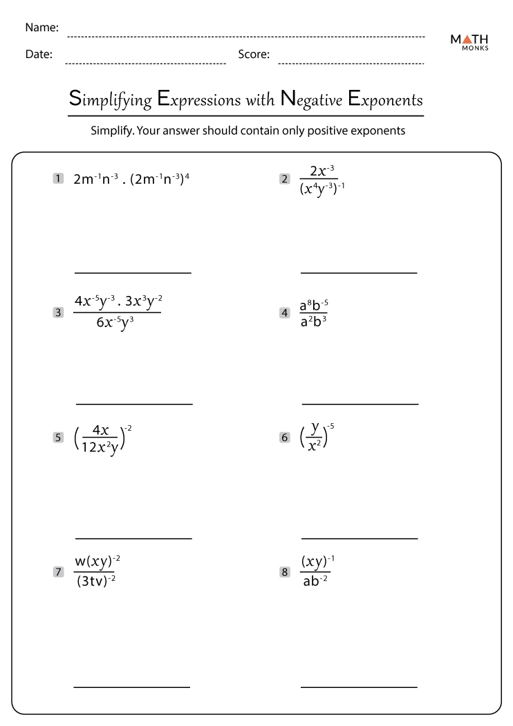 Simplifying Expressions With Negative Exponents Worksheet