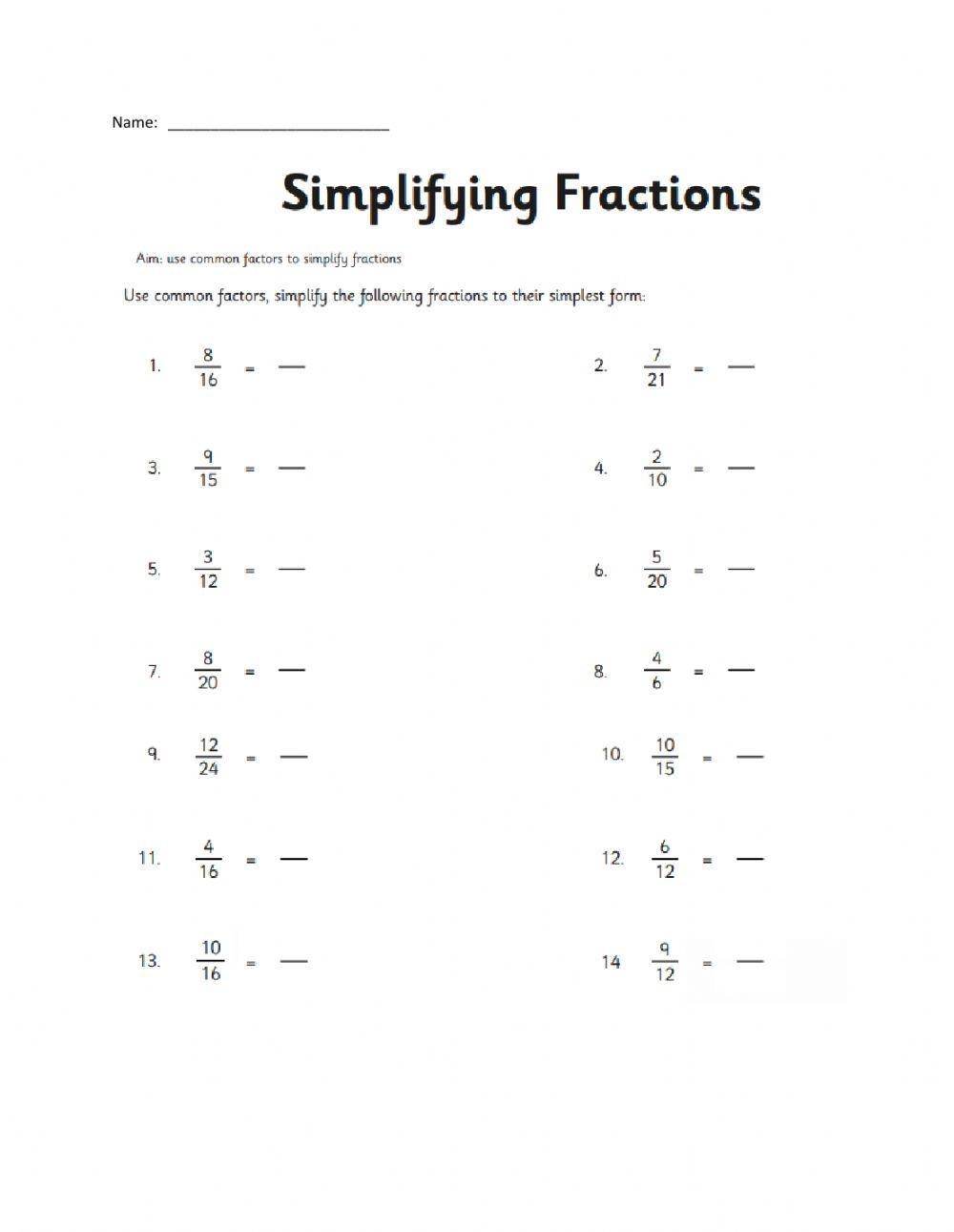 simplifying fractions worksheet simplifying fractions worksheet