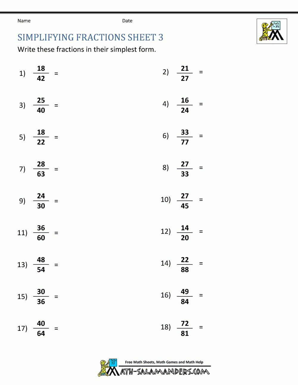 Simplifying Fractions Worksheet Simplifying Fractions Worksheet