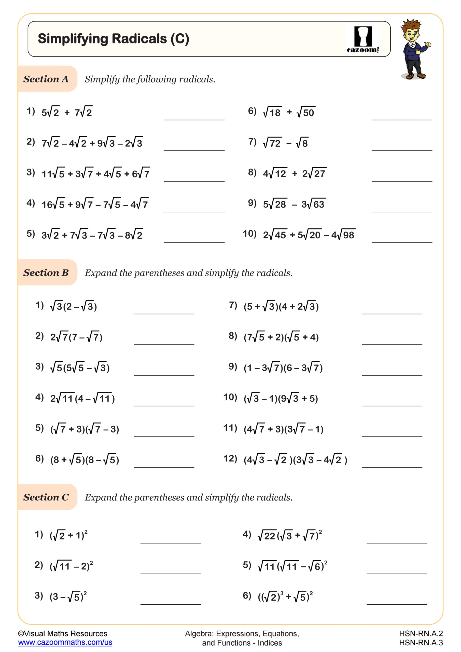 reducing radicals worksheet