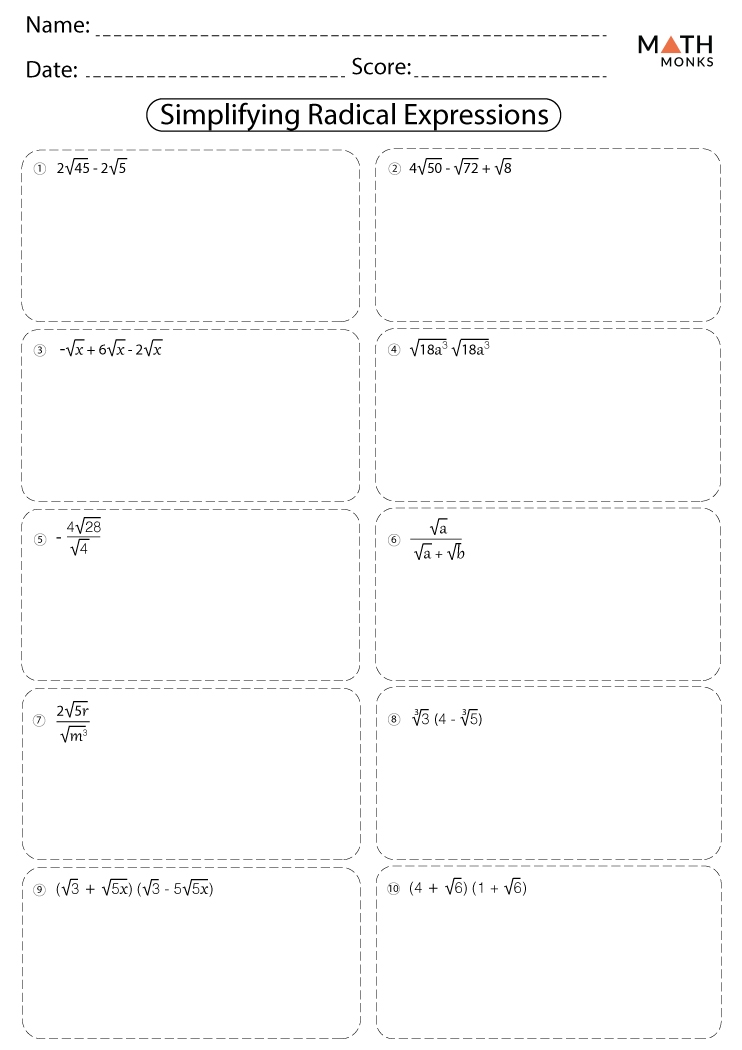 Simplifying Radicals Worksheets Math Monks