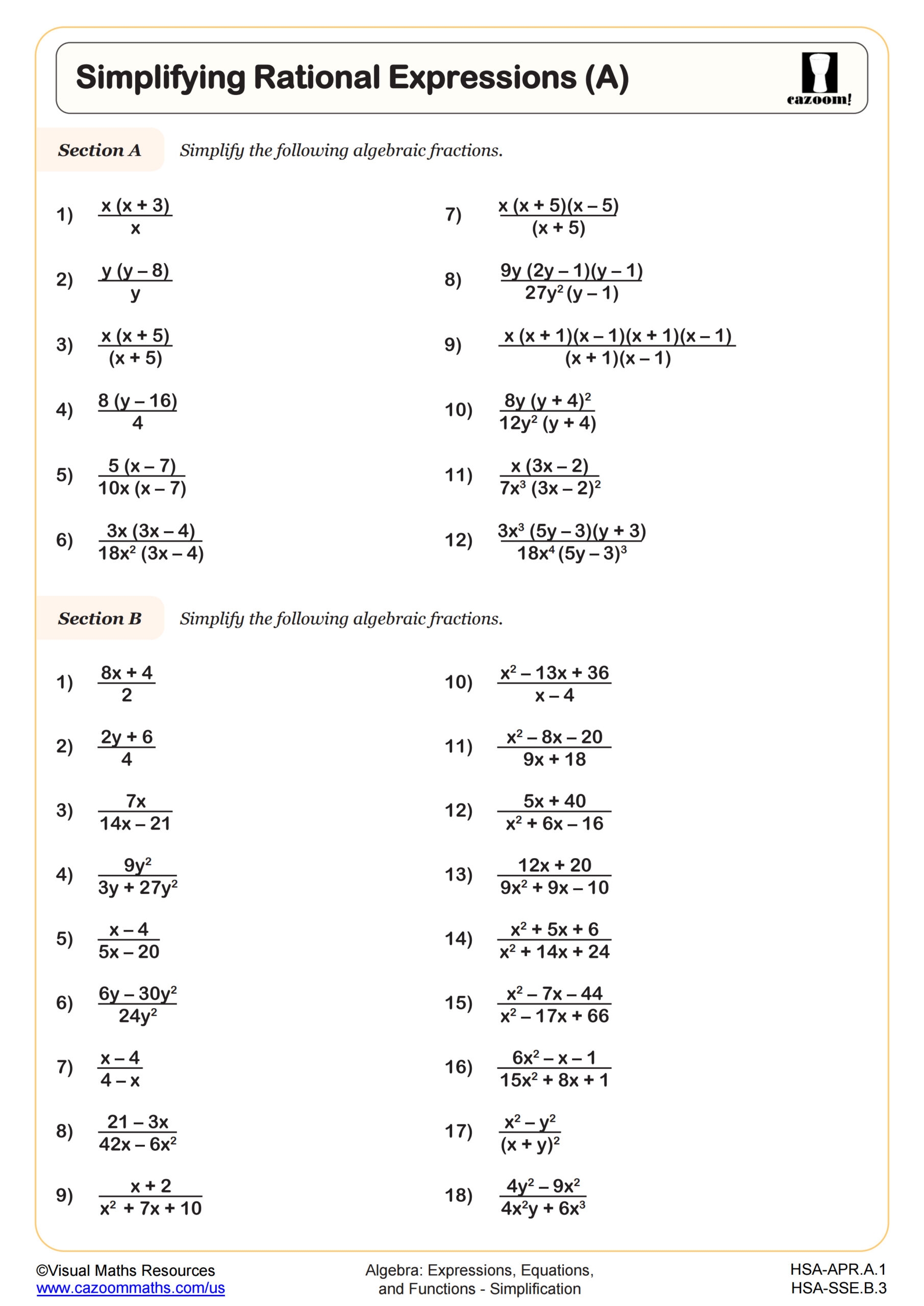 simplifying rational expressions worksheet