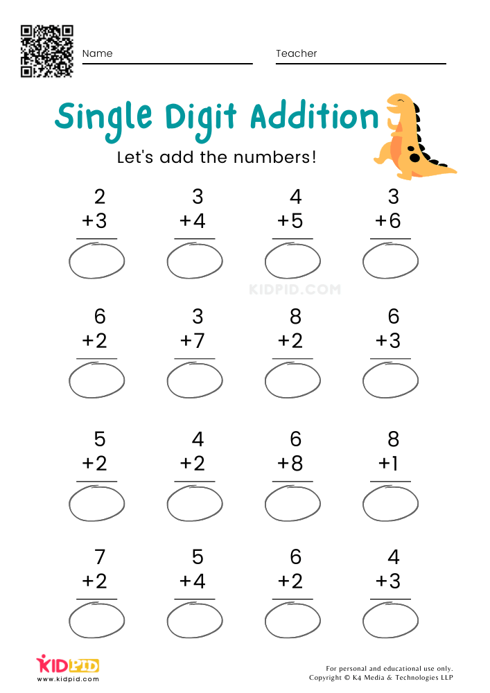 Single digit Addition Math Worksheets Free Printables Kidpid