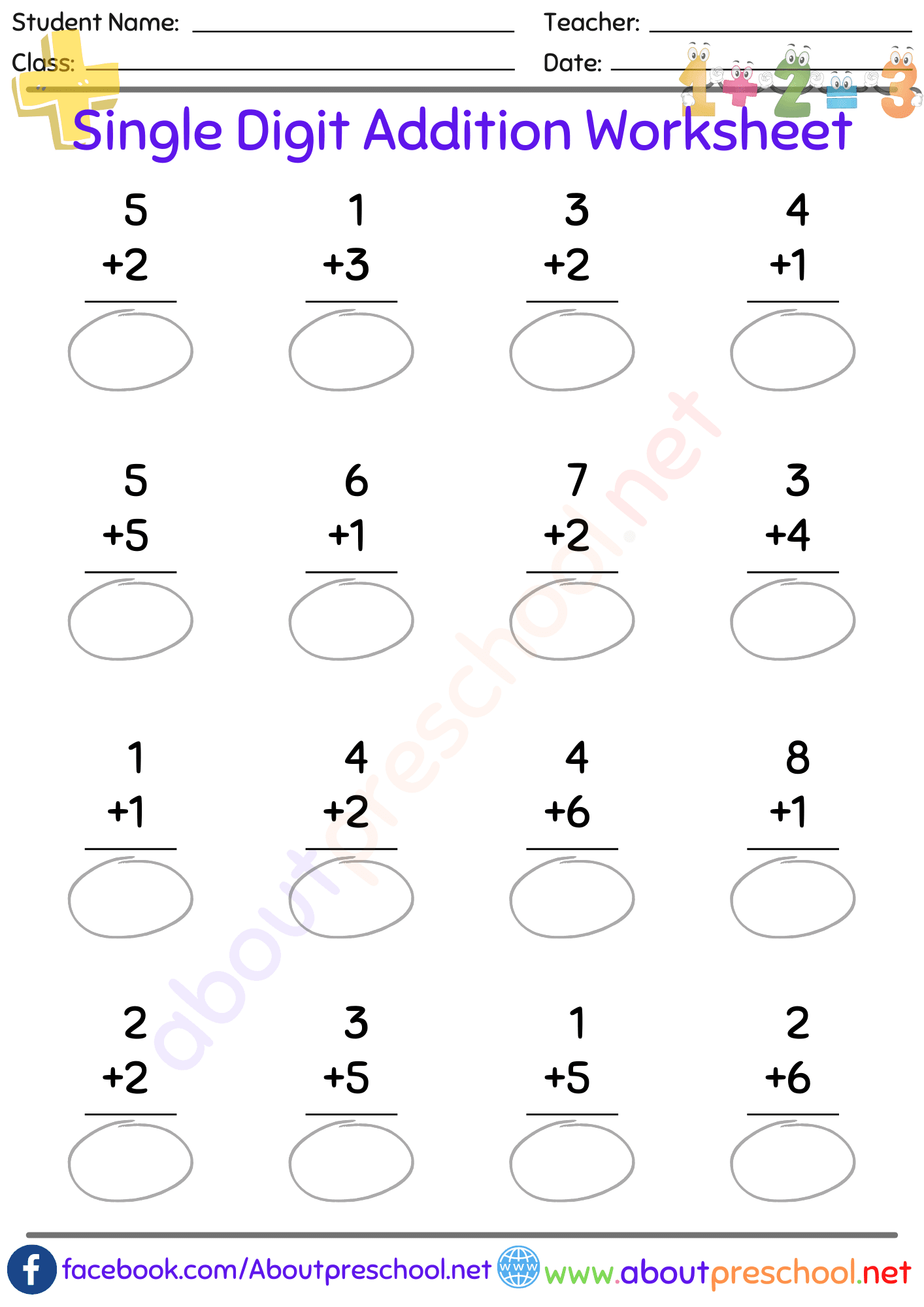 Single Digit Addition Worksheet 6 About Preschool Single Digit Addition Worksheet 6 About Preschool
