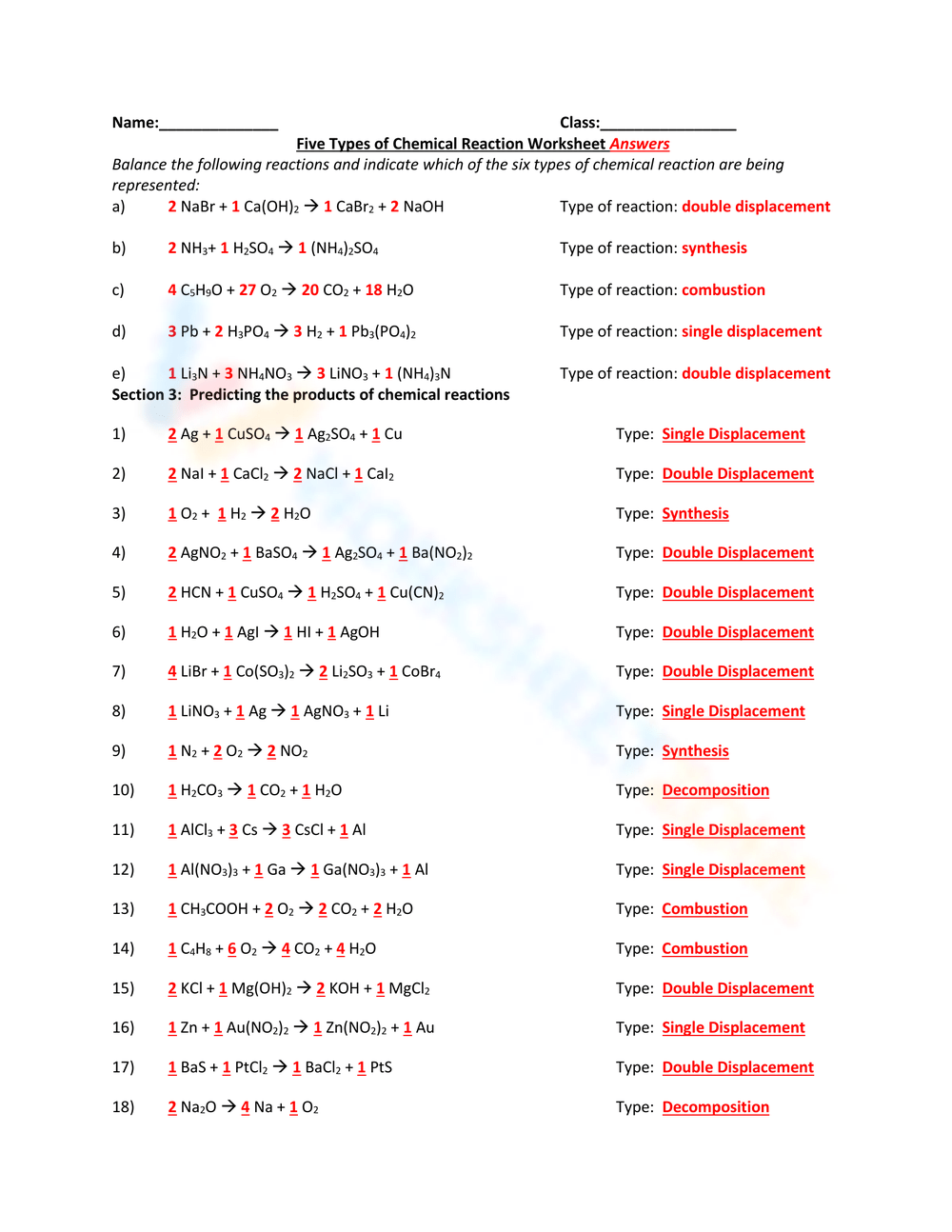 Six Types Of Chemical Reaction Worksheet Six Types Of Chemical 