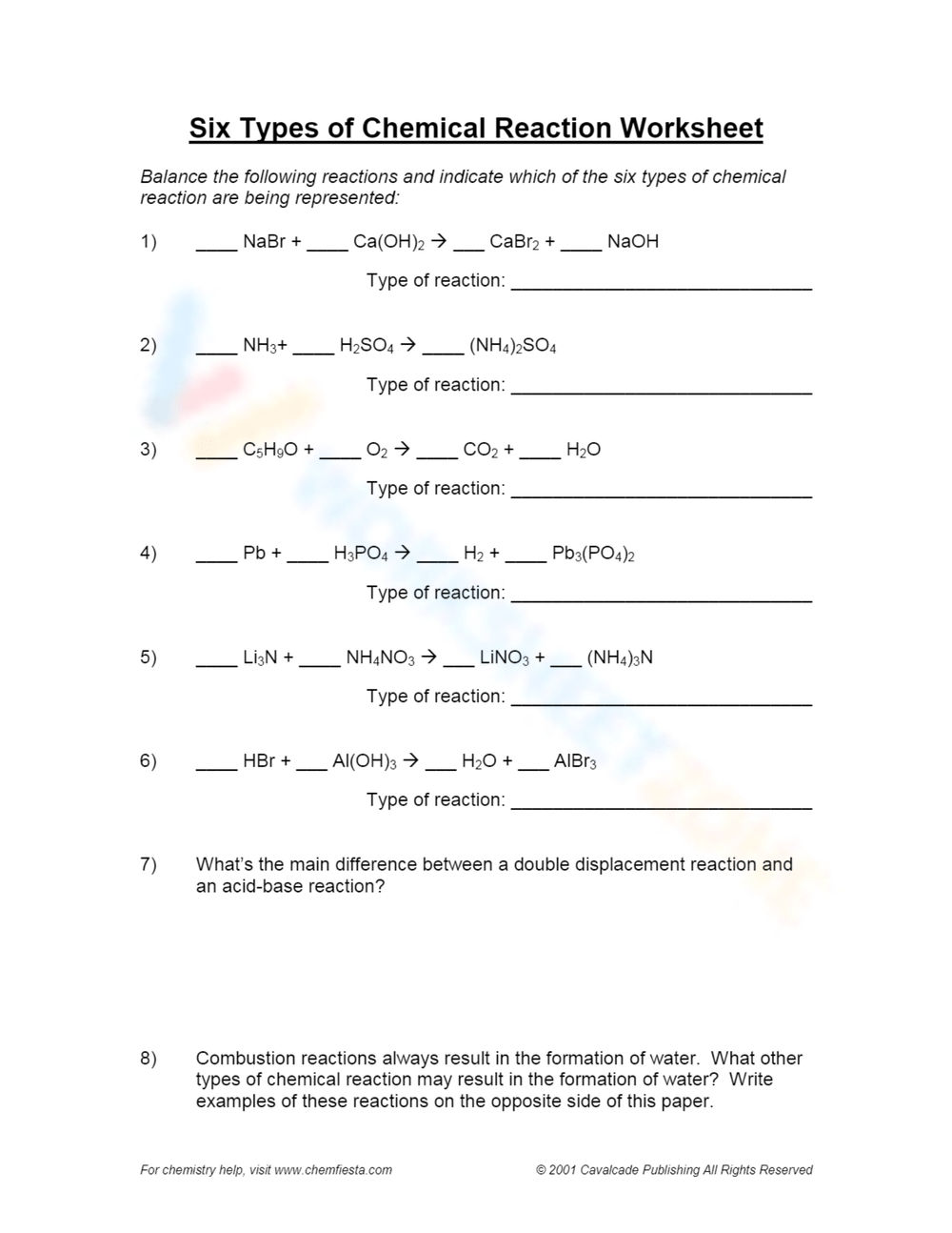Six Types Of Chemical Reaction Worksheet Worksheets Library