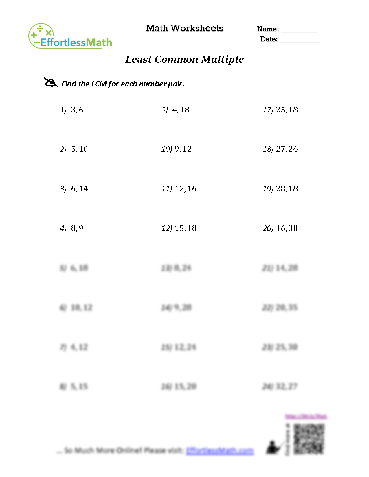 least common multiple worksheet least common multiple worksheet