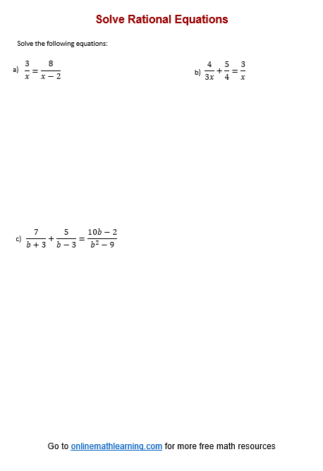Solve Rational Equations Worksheets printable Online Answers Examples Solve Rational Equations Worksheets printable Online Answers Examples