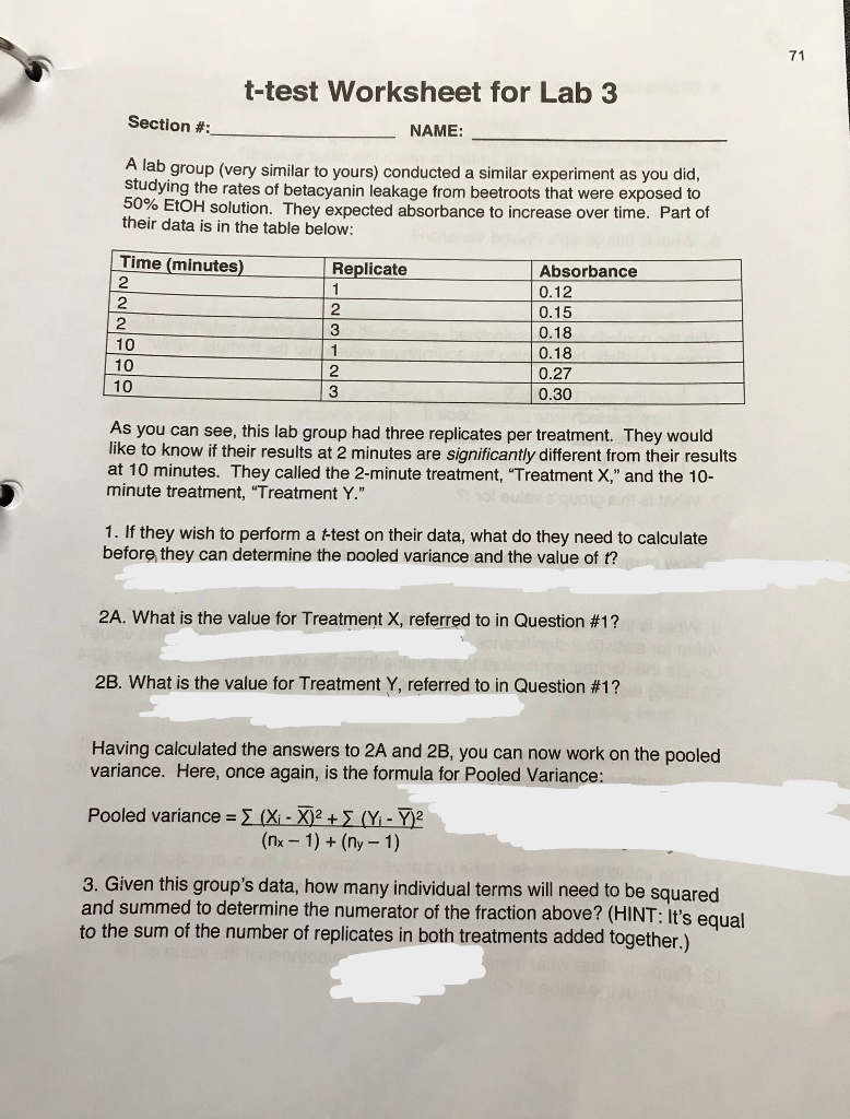 Solved 71 T test Worksheet For Lab 3 Section NAME A Chegg