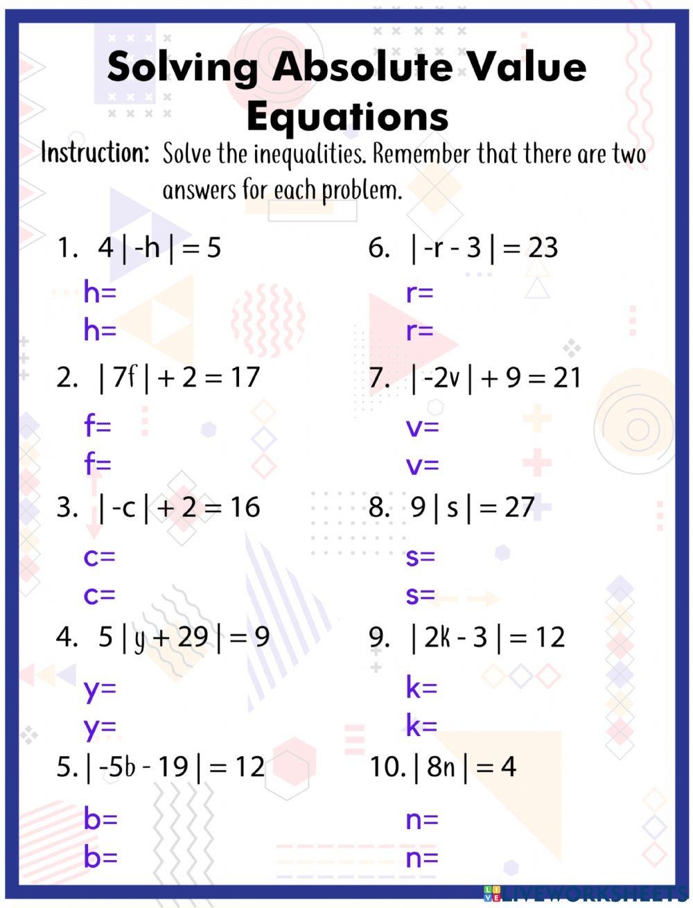 Solving Absolute Value Equations Activity Worksheets Library