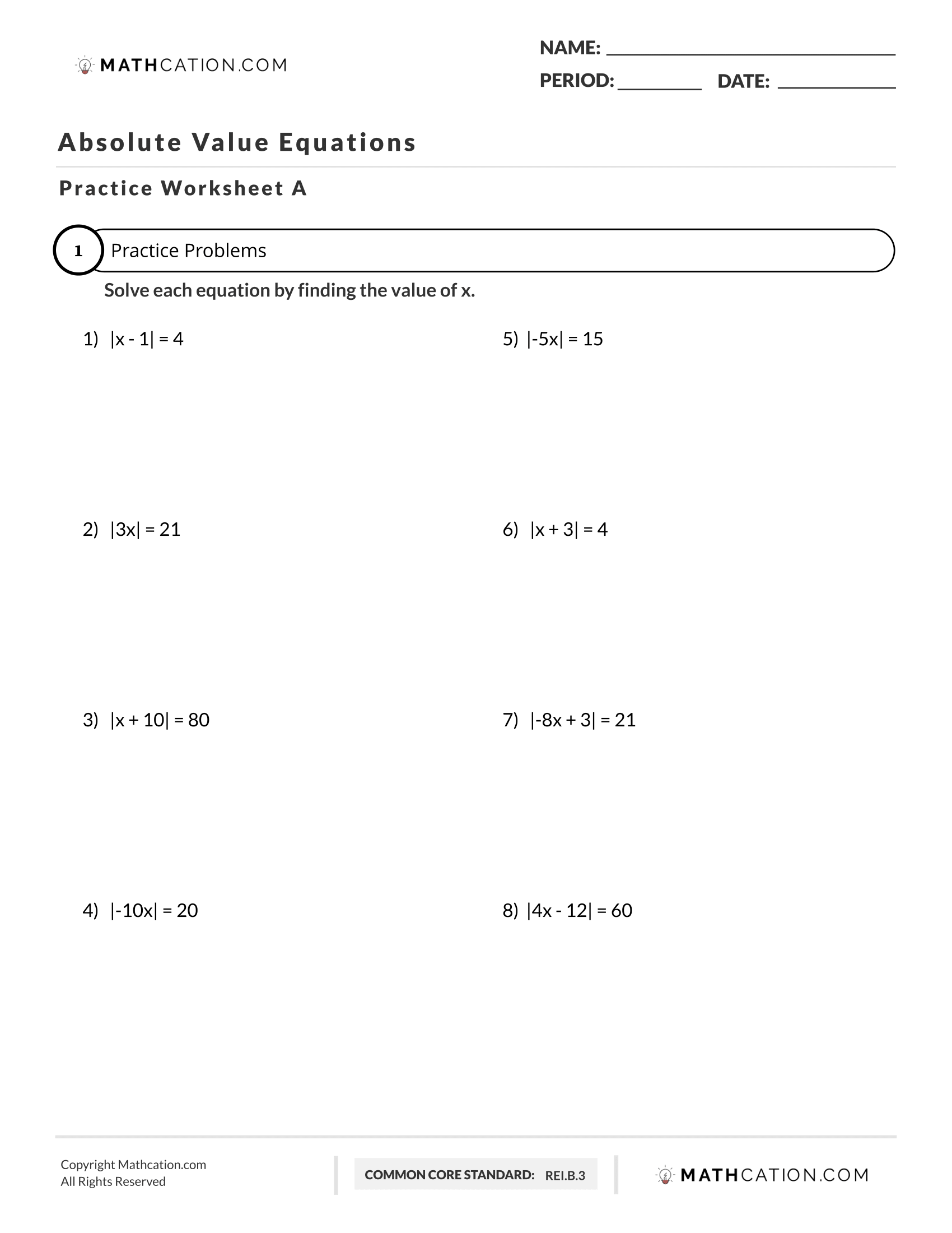 Solving Absolute Value Equations Worksheet Definition Examples