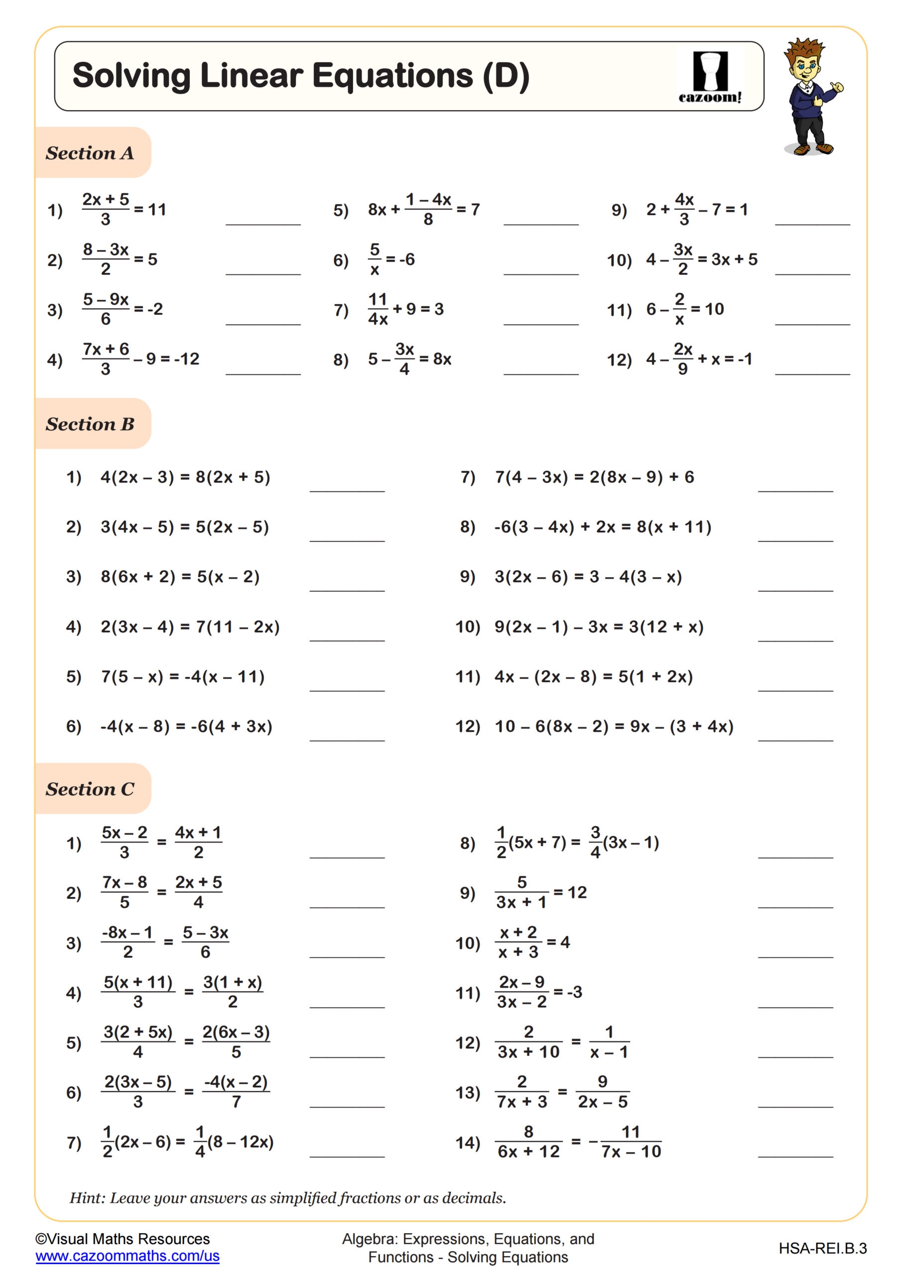 Solving Linear Equations Form Ax B C A Worksheets Library