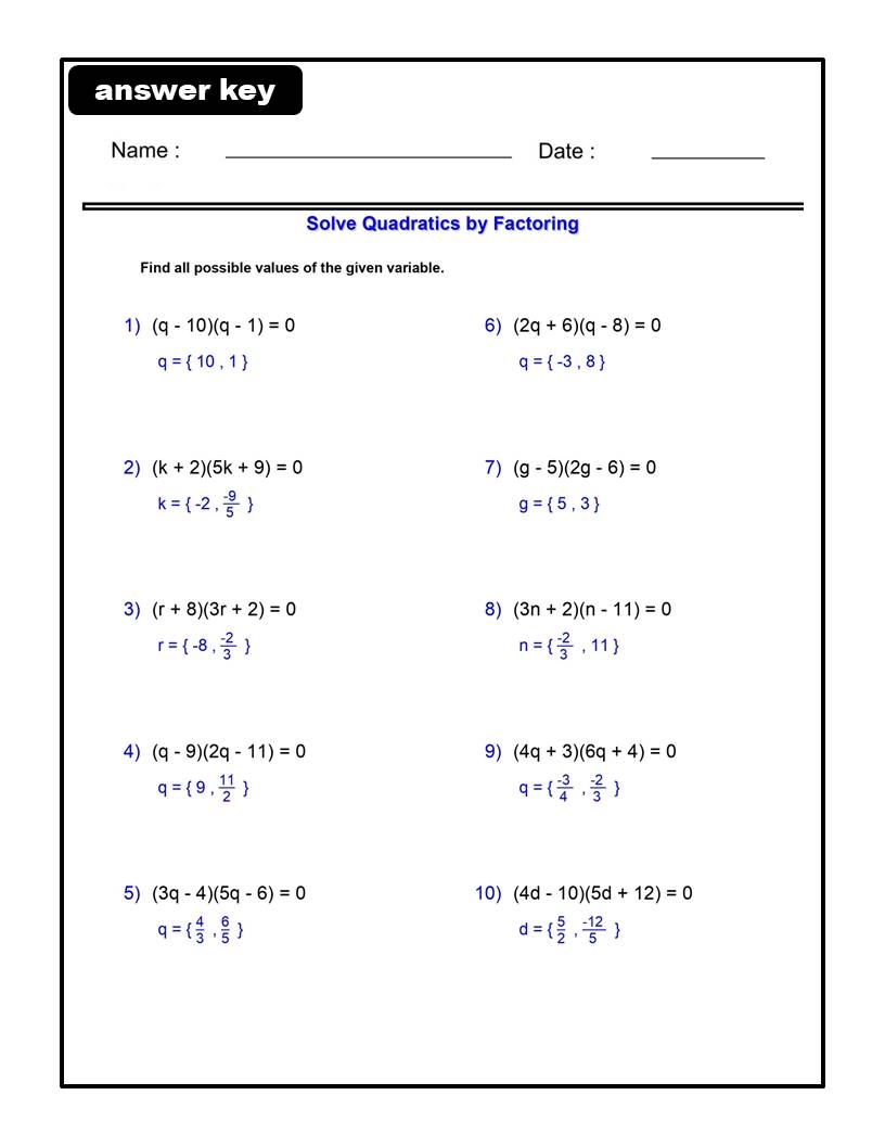 Solving Quadratic By Factoring Worksheet