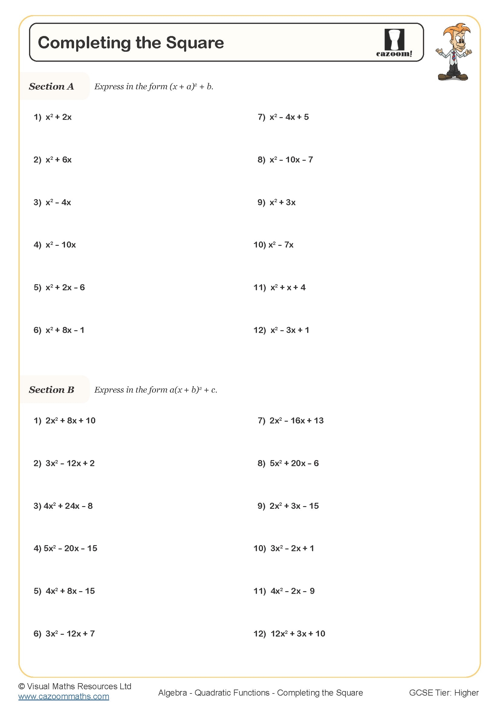 Solving Quadratic Equations By Completing The Squares Worksheets 