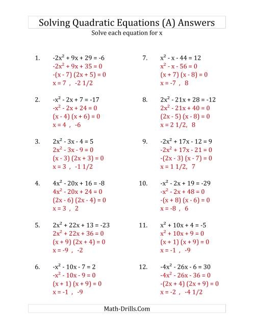 quadratic equations worksheet