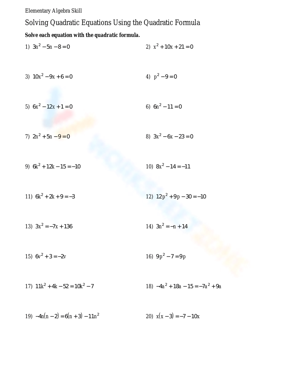 Solving Quadratic Equations Using The Quadratic Formula Matching 
