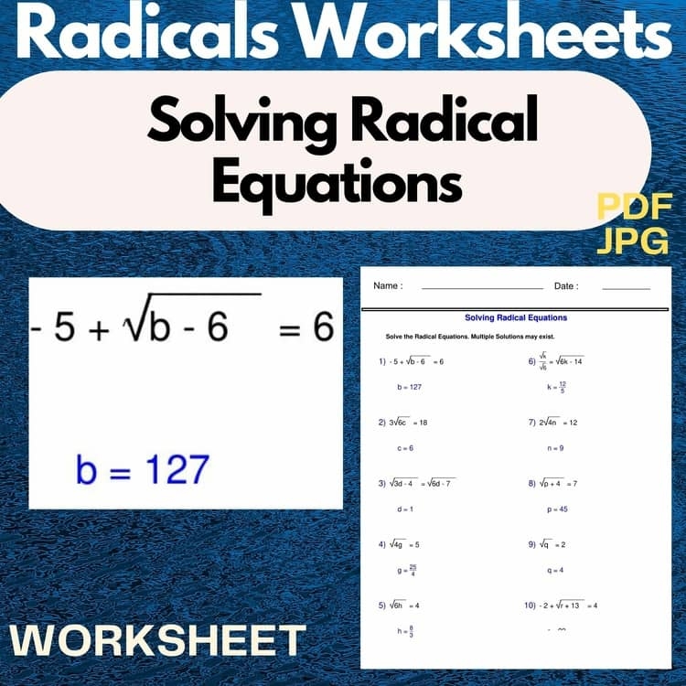 Solving Radical Equations Radicals Worksheets Solve The Radical 