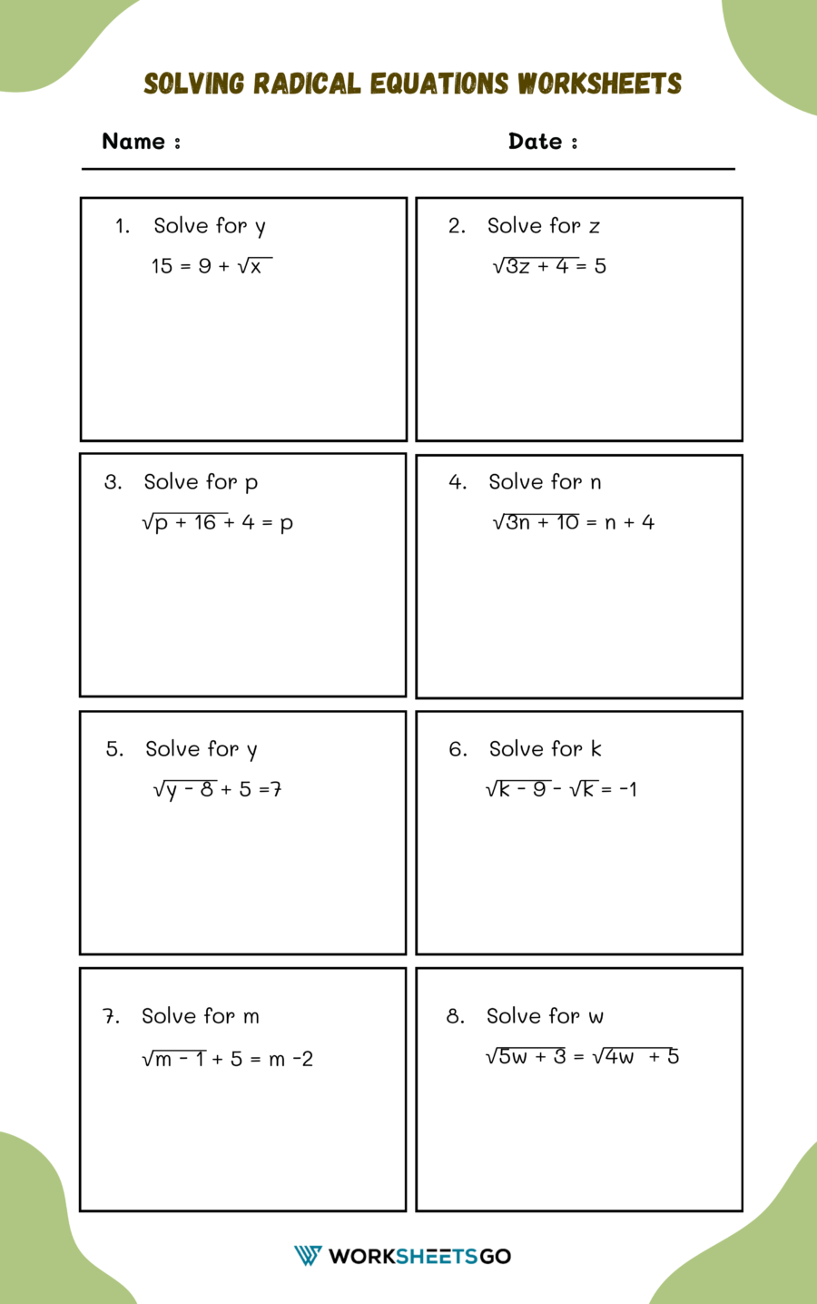 solving radical equations worksheet math 154b