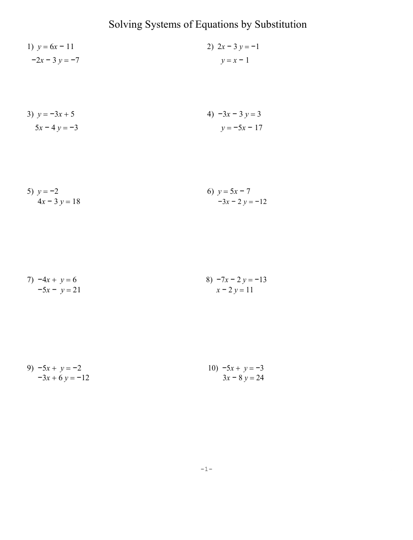 systems of equations substitution worksheet
